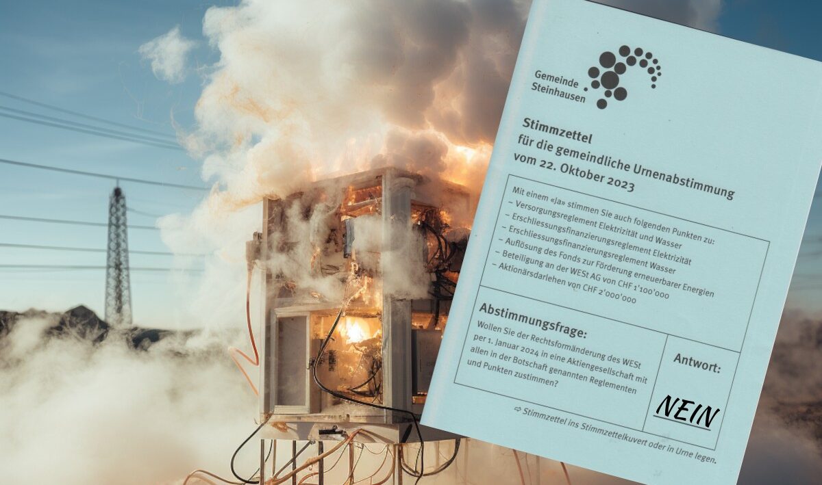 Im Hintergrund ein brennender und rauchender Transformator, im Vordergrund ein Wahlzettel für die Abstimmung zur Rechtsform des Wasser- und Elektrizitätswerks in Steinhausen mit ausgefülltem NEIN